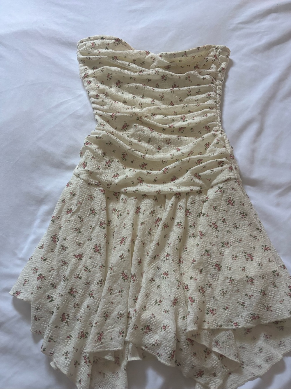 Strapless Cream Floral Ruched Sundress